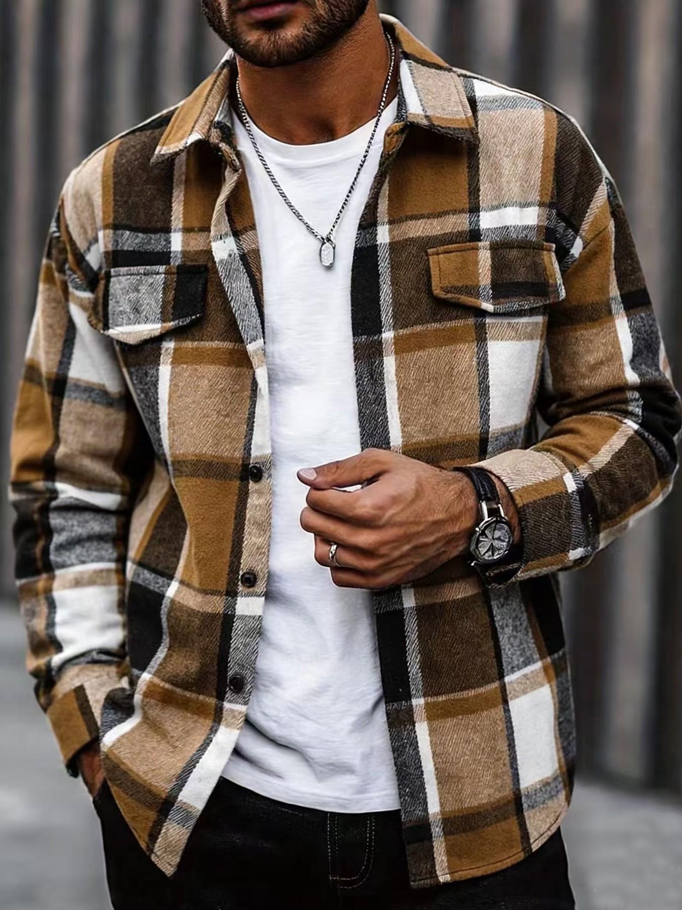 Flannel Shirt Lined - เสื้อเชิ้ตลายสก๊อตสไตล์เรโทรสำหรับผู้ชาย ลำลอง แต่ดูดี มีกระดุม แขนยาว เหมาะสำหรับฤดูใบไม้ผลิ