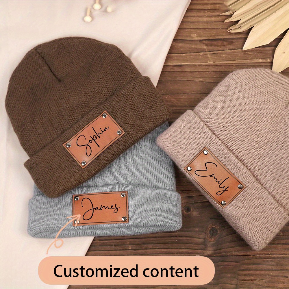 Knit Beanie Hat Warm - หมวกบีนนี่ถักลาย พร้อมป้ายหนังสั่งทำชื่อได้ หมวกไหมพรมกันหนาวแบบมีขอบ นุ่ม อบอุ่น ใส่ได้ทั้งชายและหญิง